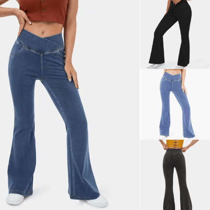 Women's high-waist stretch jeans, light blue slim fit for everyday comfort & style.