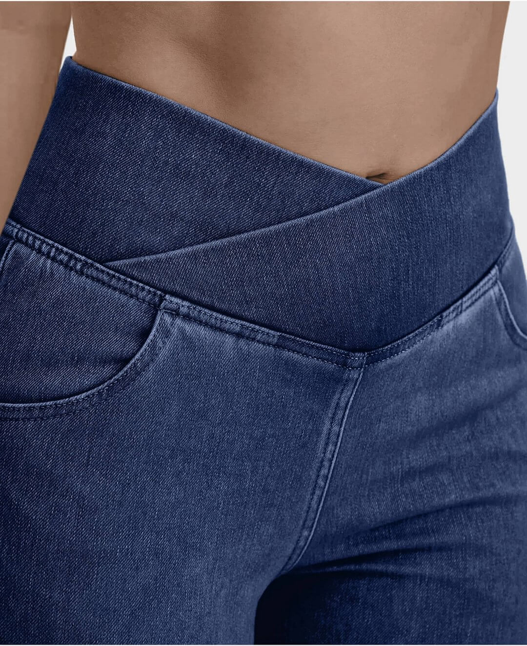 Women's dark blue high-waist stretch jeans, casual & comfortable slim fit style.