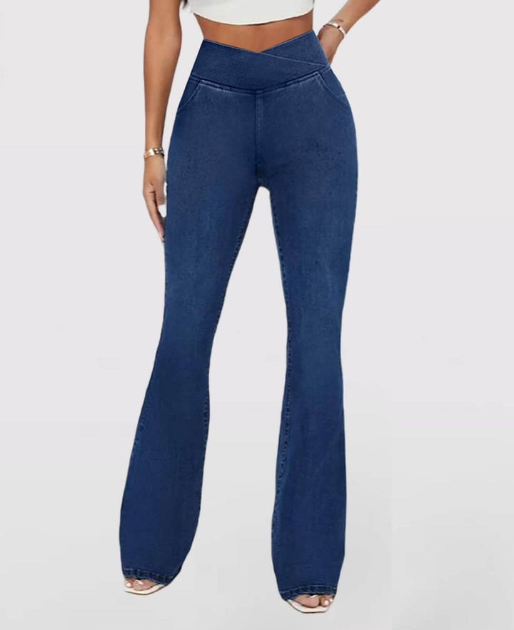Grey high-waist women's stretch jeans, slim fit for comfort & modern casual look.