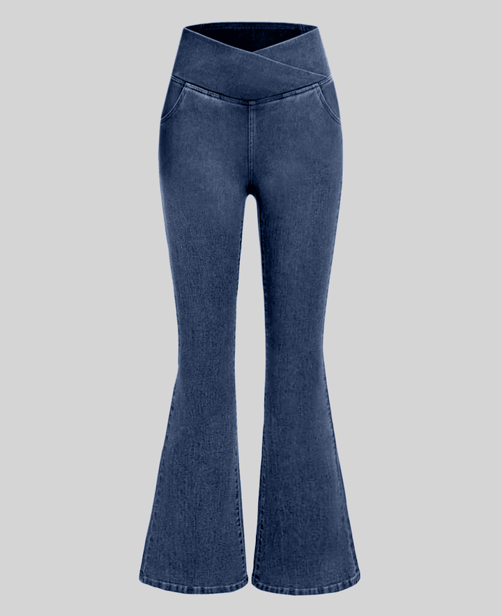 Dark blue women's high-waist stretch jeans, slim fit with supreme comfort.