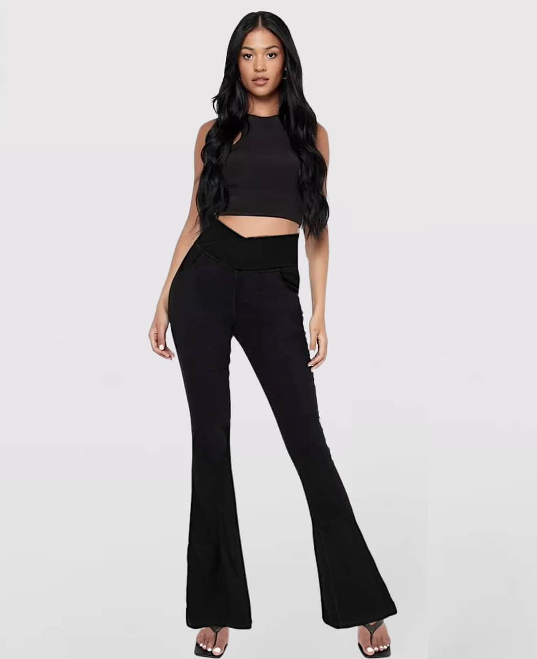 Women's high-waist stretch jeans in light blue, perfect blend of comfort & style.
