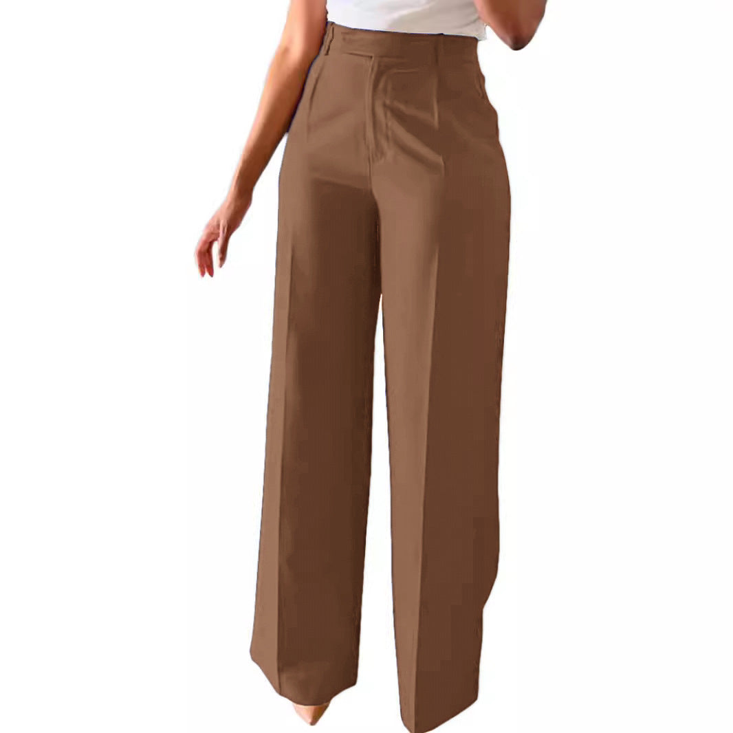 Women's high-waisted tailored pants featuring a spacious wide leg, suitable for office and smart casual.