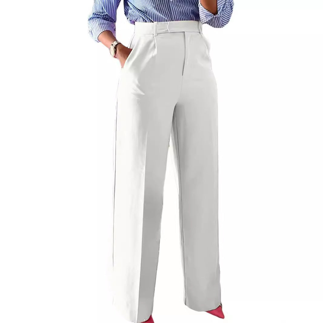 Sophisticated women's tailored pants featuring a high waist and a flattering wide leg silhouette.