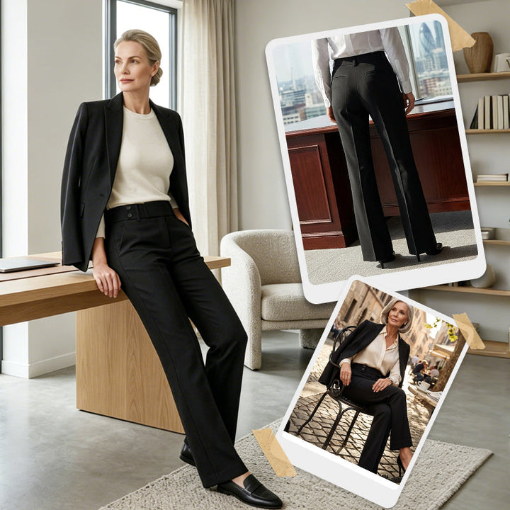 Smart casual women's high waist trousers with a flattering wide leg cut. Tailored for comfort & style.