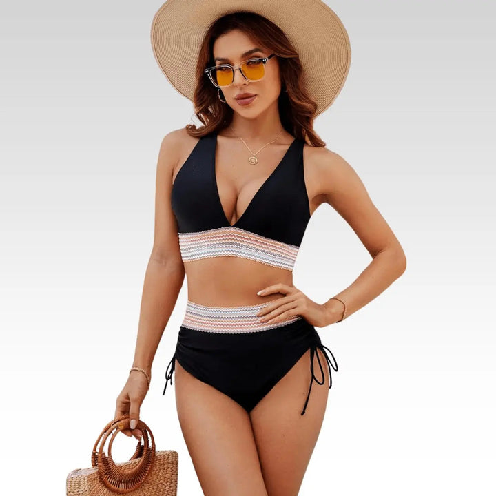 Stylish women's high waist bikini set featuring a V-neck and effective tummy control design.