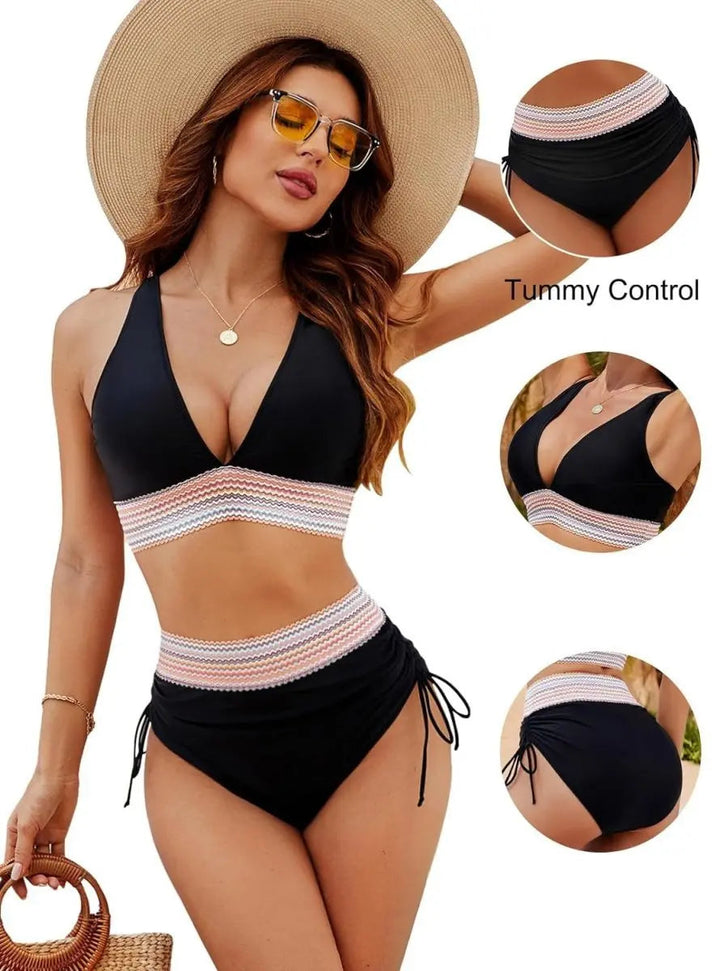 Beach-ready women's high waist V-neck bikini, with tummy control for a confident feel.
