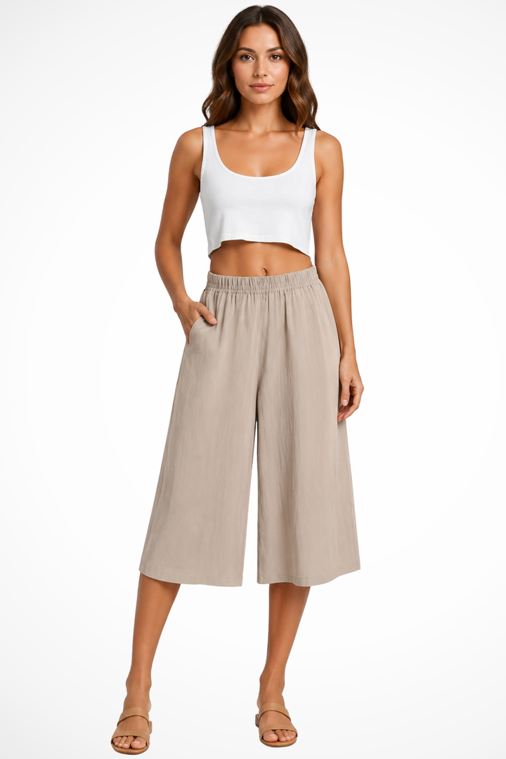 Full-length view of women wearing high waist wide leg cropped trousers, showcasing the flowy fit and pockets.
