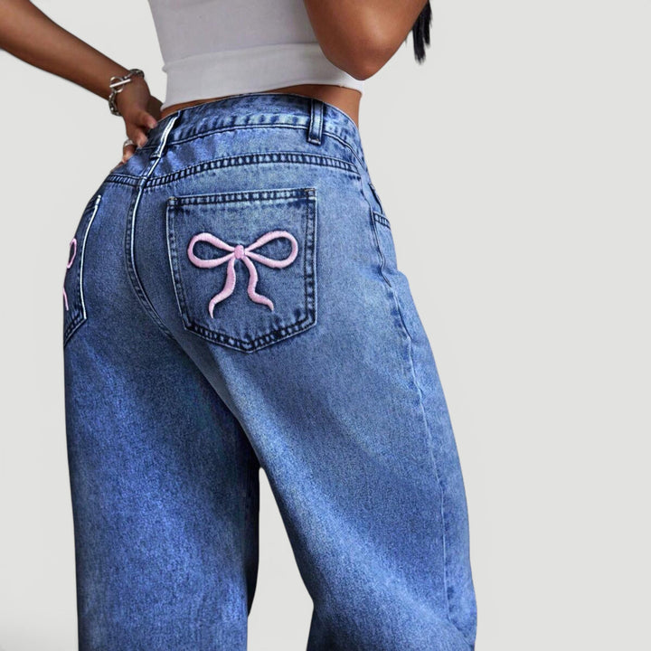 Embroidered high waist wide leg denim trousers for women, unique fashion.