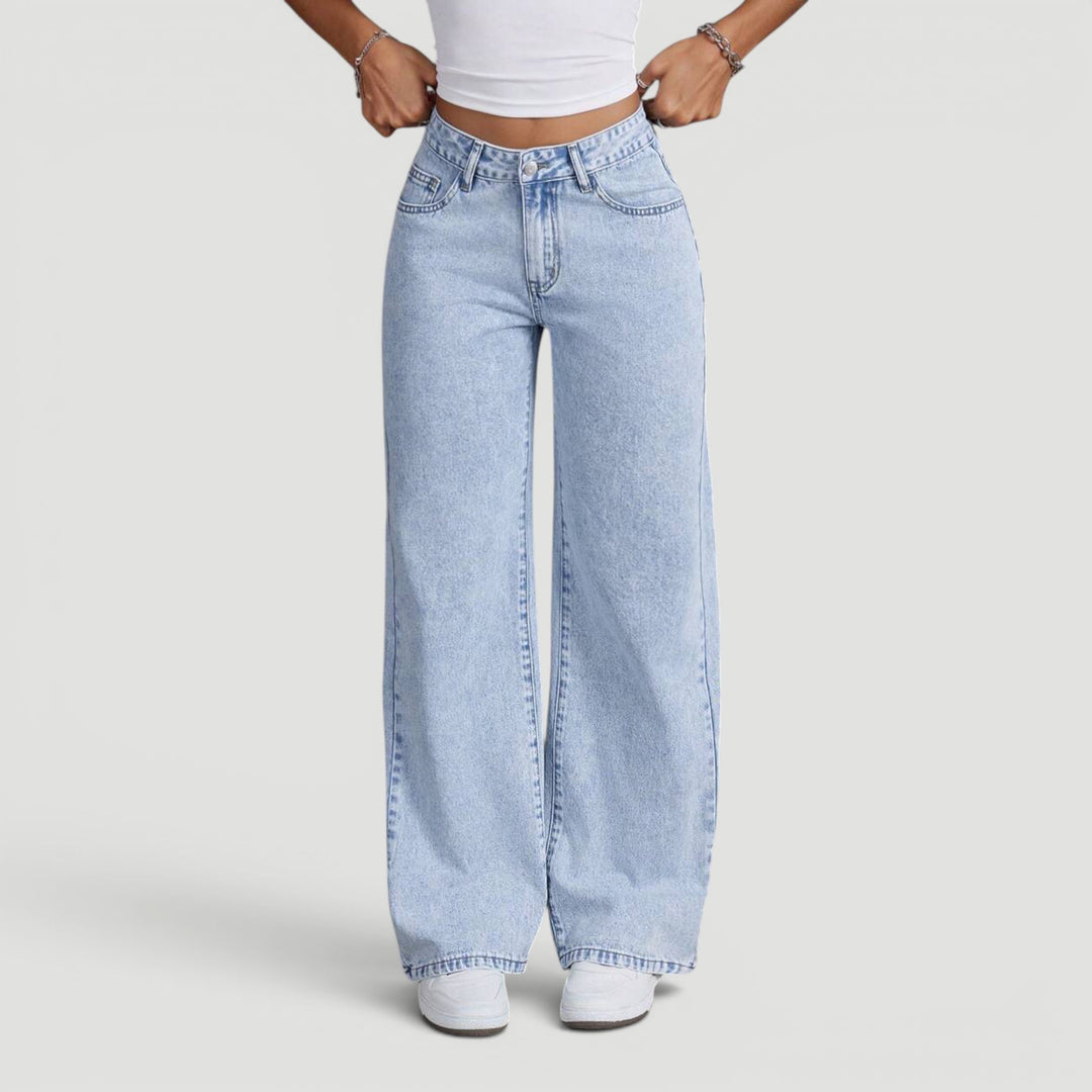 Women's casual wide leg denim trousers, high waist for a flattering fit.