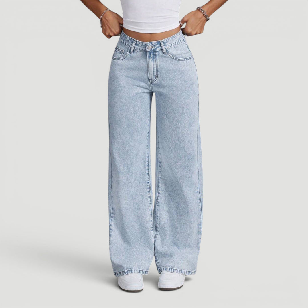 Fashionable high waist wide leg denim trousers, women's versatile wear.