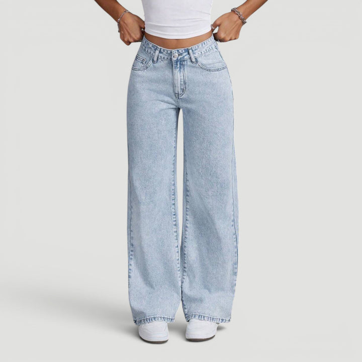Fashionable high waist wide leg denim trousers, women's versatile wear.