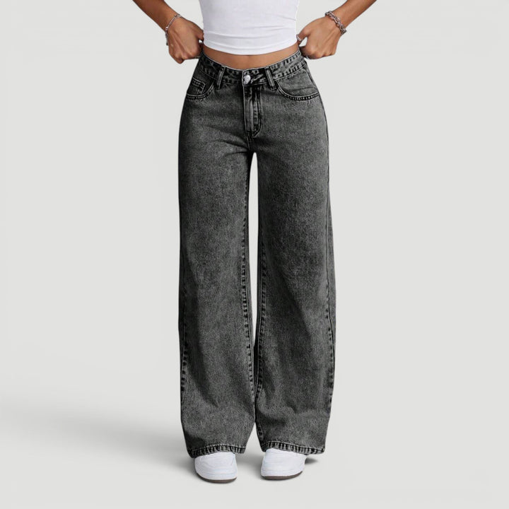 Embroidered women's high waist wide leg jeans, casual yet chic.