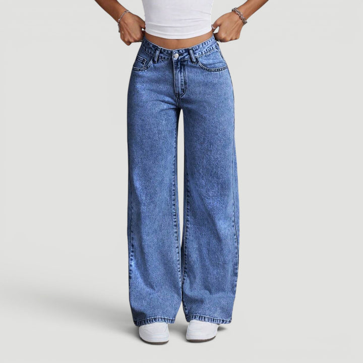 Versatile women's denim trousers, high waist wide leg for comfort & style.