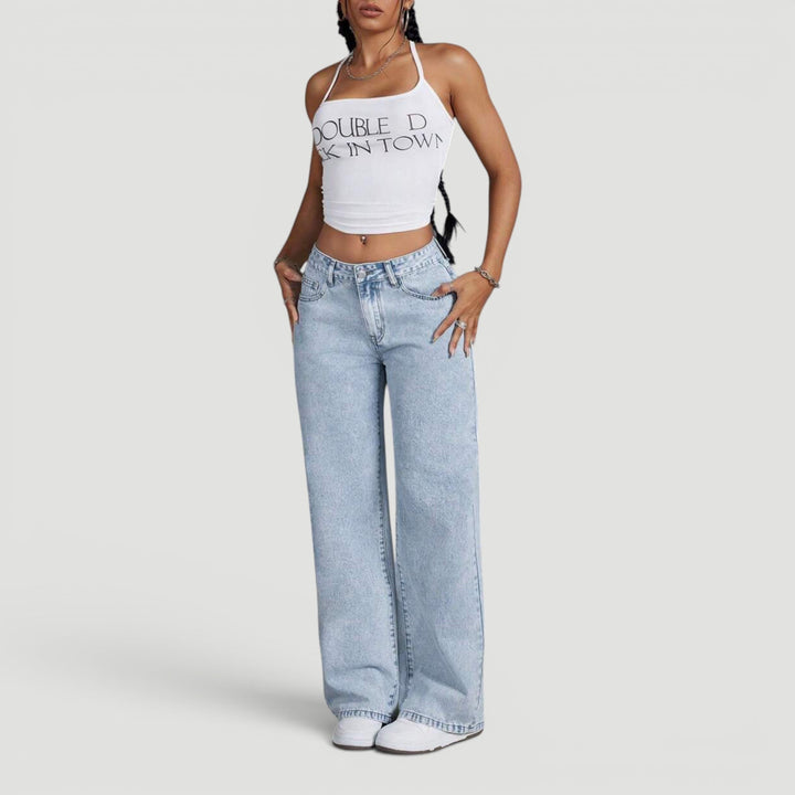 Casual women's high waist wide leg denim jeans, a comfortable fashion choice.