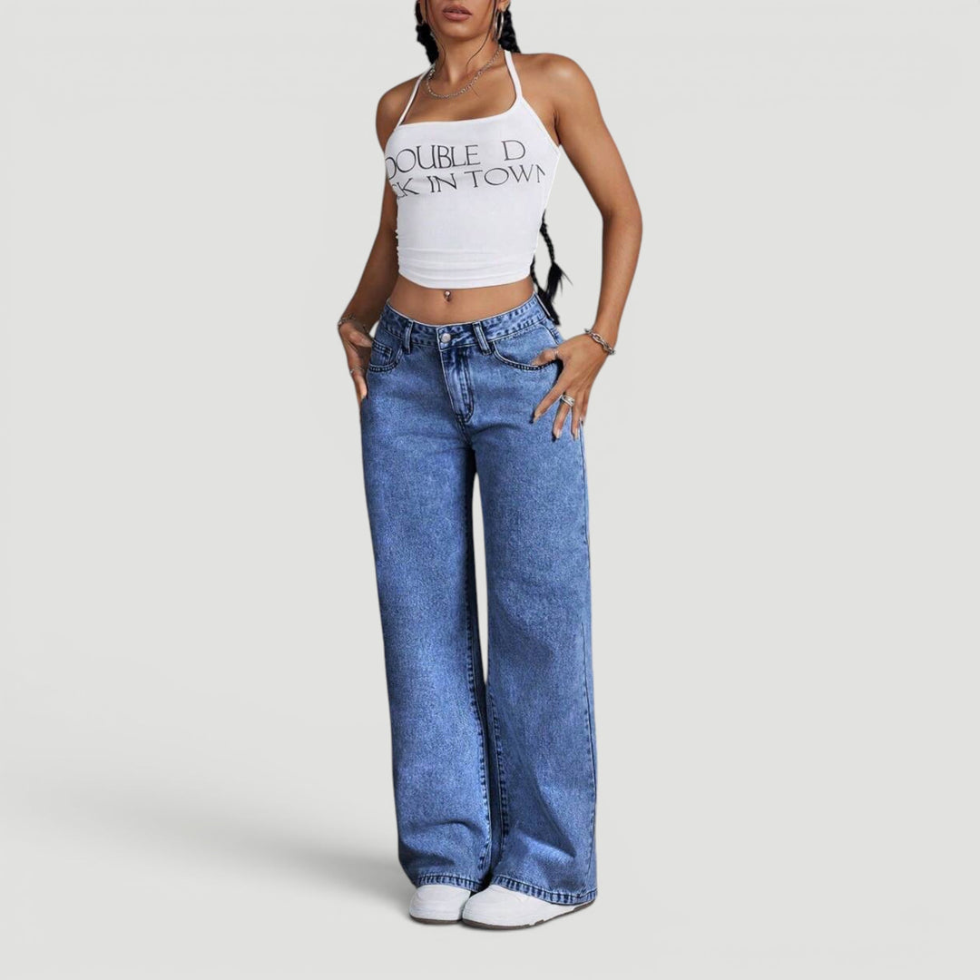 Comfortable wide leg denim trousers for women, high waist for a flattering shape.