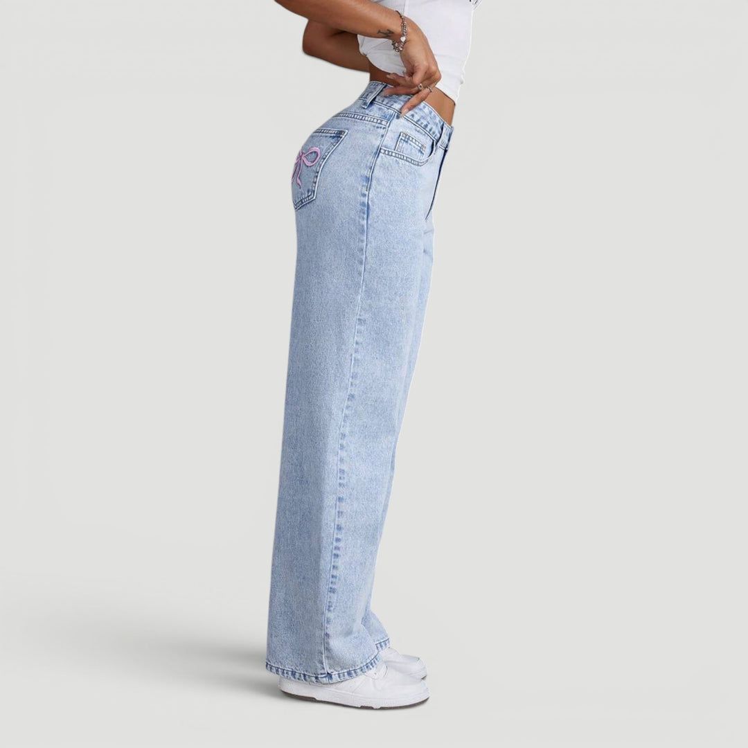 Casual and comfortable high waist wide leg denim trousers for women.