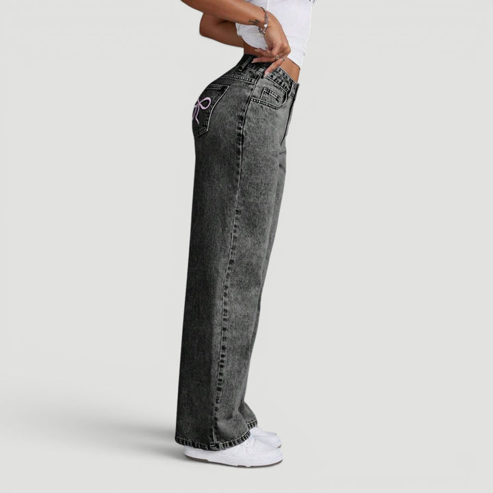 Women's comfortable high waist wide leg denim trousers, great for everyday.
