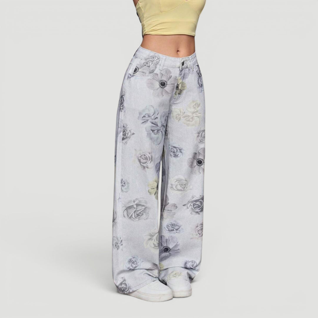 High waist wide leg embroidered denim jeans, women's casual fashion.