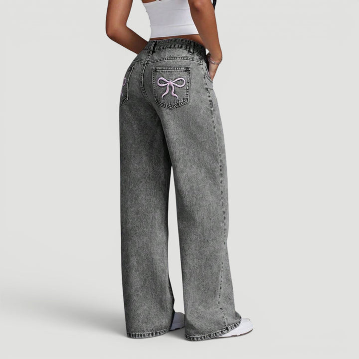 Embroidered high waist wide leg denim trousers, women's fashion.