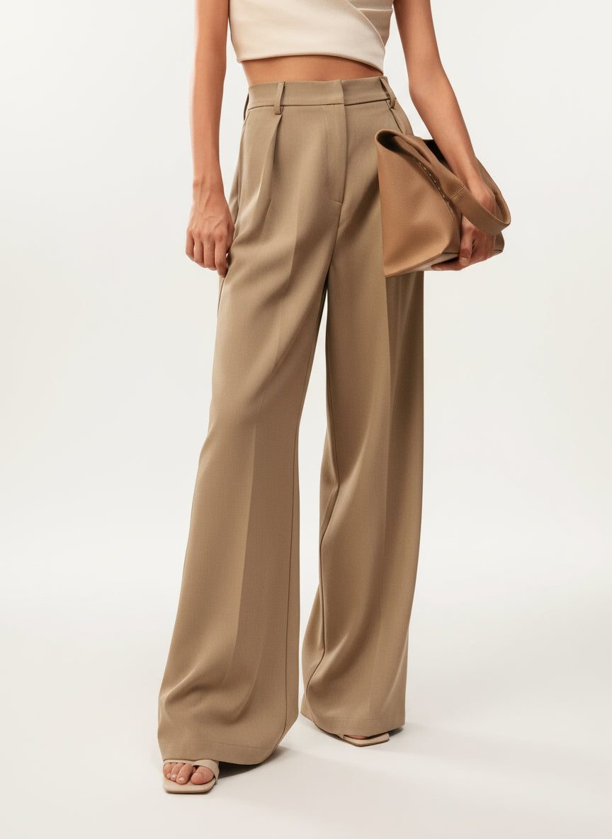 Modern women's wide-leg tailored pants, high-waisted for a sophisticated vibe.