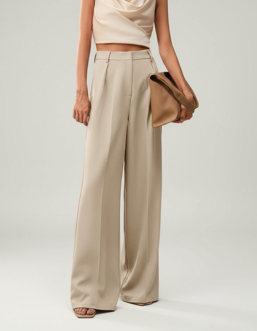 Formal women's tailored trousers, high-waisted and wide-leg for business attire.