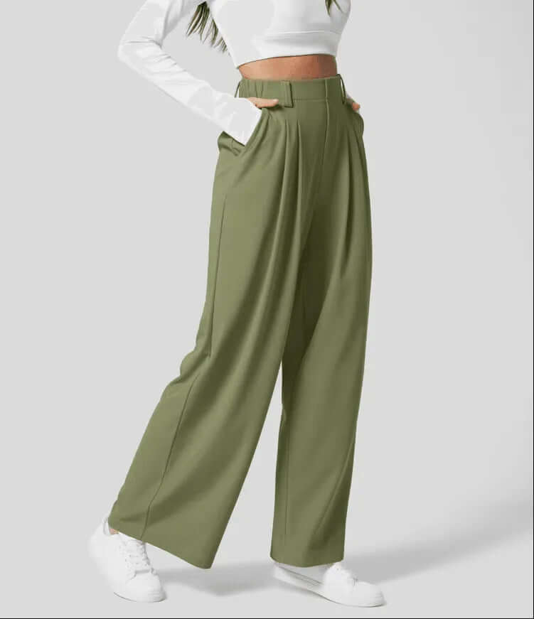 Chic women's high-waist pleated wide-leg trousers, tailored for an elegant and modern silhouette in formal wear.