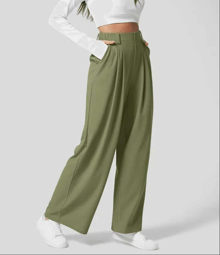Chic women's high-waist pleated wide-leg trousers, tailored for an elegant and modern silhouette in formal wear.