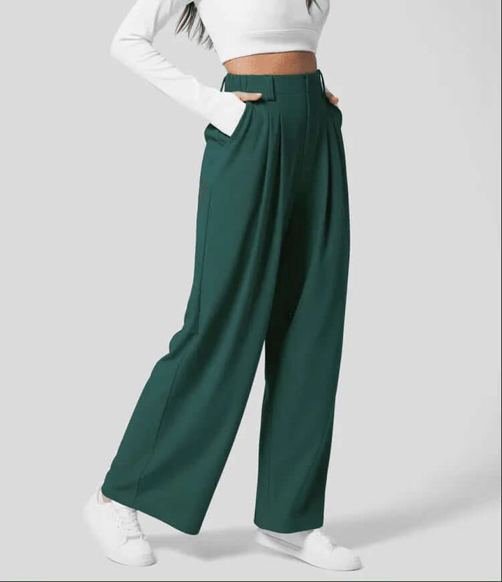 Versatile women's high-waist wide-leg tailored pants, creating a sleek and professional or relaxed stylish outfit.