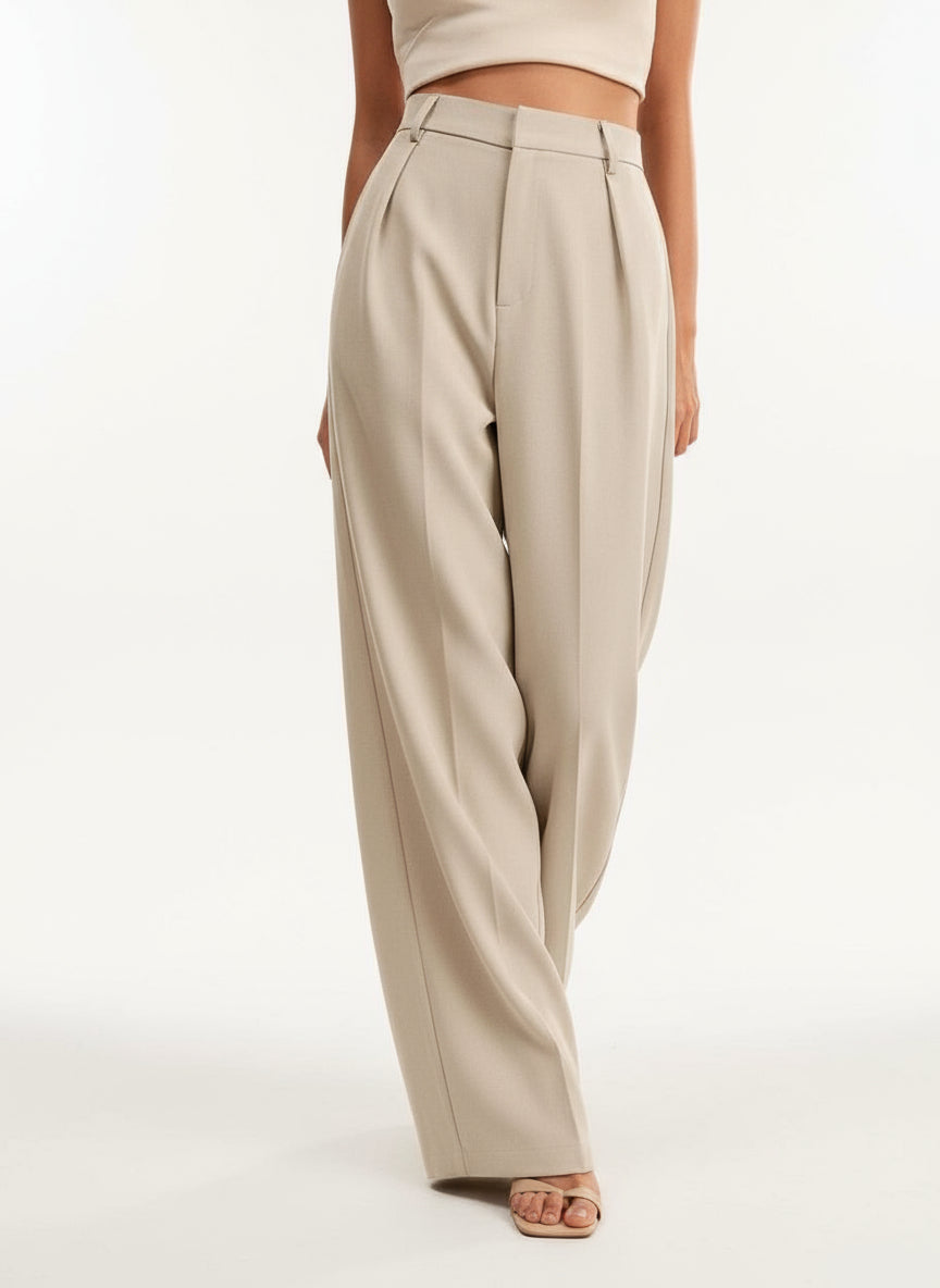 Flattering high waisted trousers for women, wide leg tailored fit.