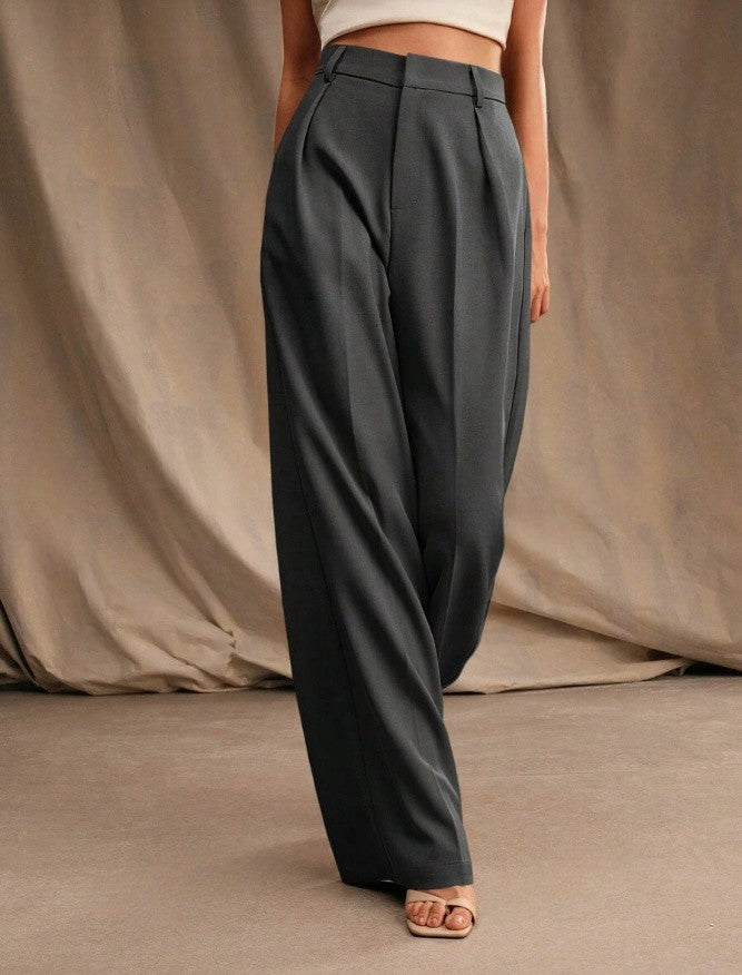 Chic navy blue wide leg pants for women, high waist design.