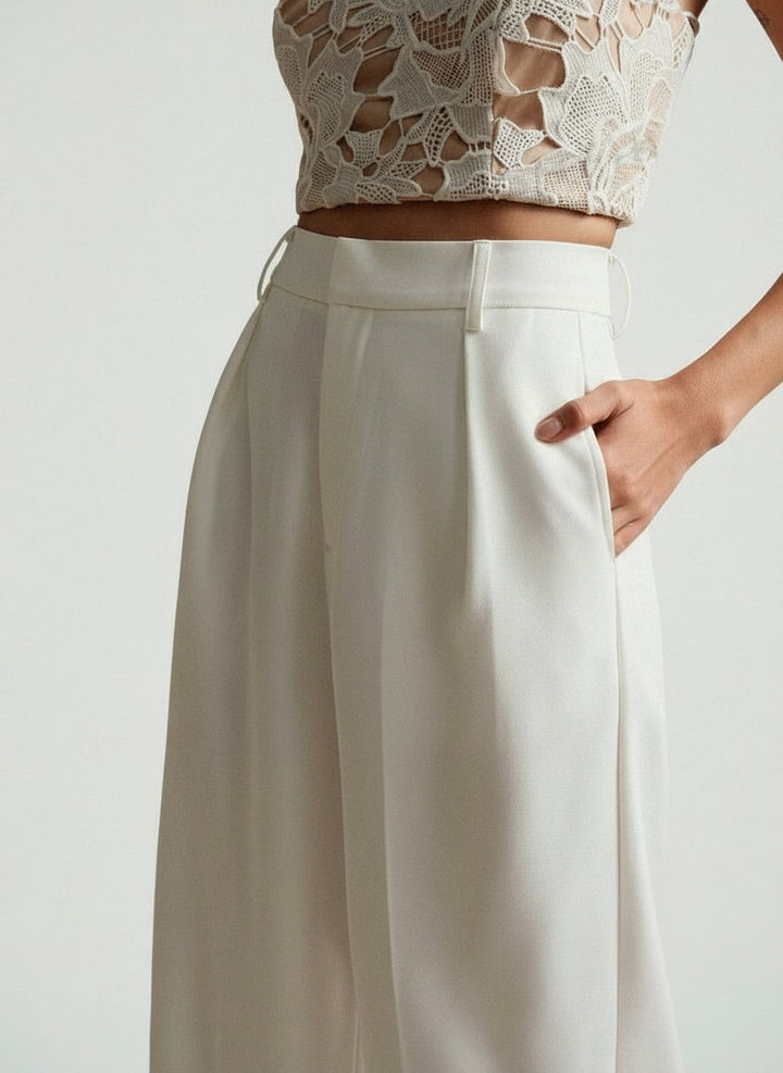 Versatile tailored trousers in a classic camel hue, wide leg fit.