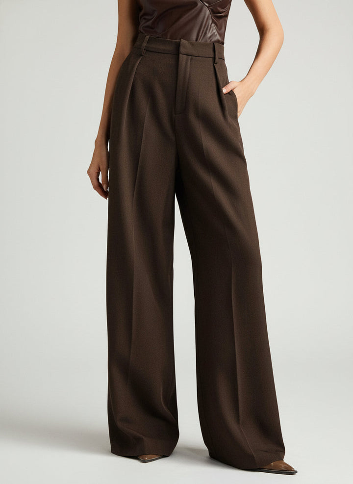 Elegant beige tailored trousers, women's work pants, wide leg fit.