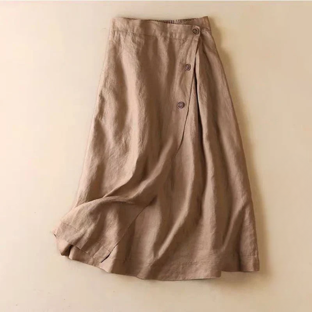 Navy blue women's A-line midi skirt, high-waisted design with decorative side buttons. Versatile smart casual wear.