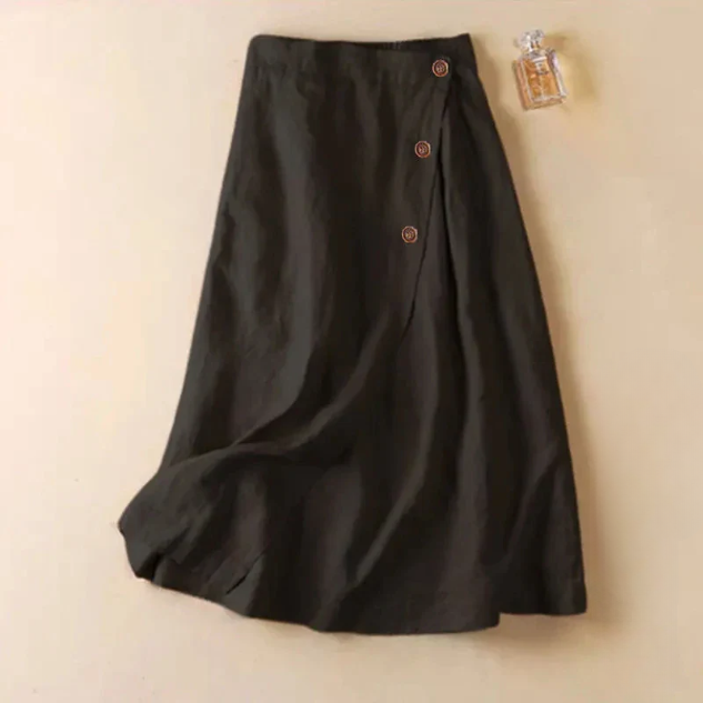 Elegant black A-line midi skirt for women, featuring a flattering high waist and unique side button details.