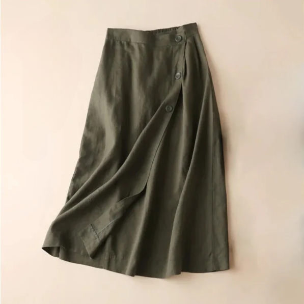Versatile khaki A-line midi skirt for women, high-waisted with chic side buttons, ideal for various occasions.