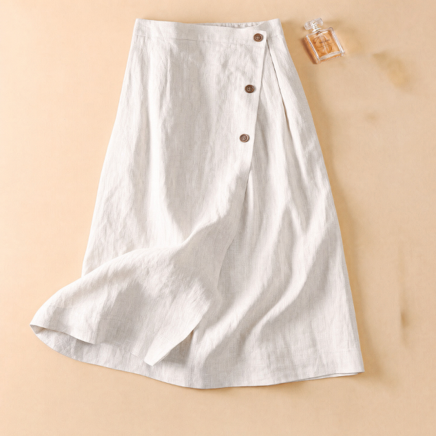 Army green women's A-line midi skirt with a comfortable high waist and fashionable side button embellishments.