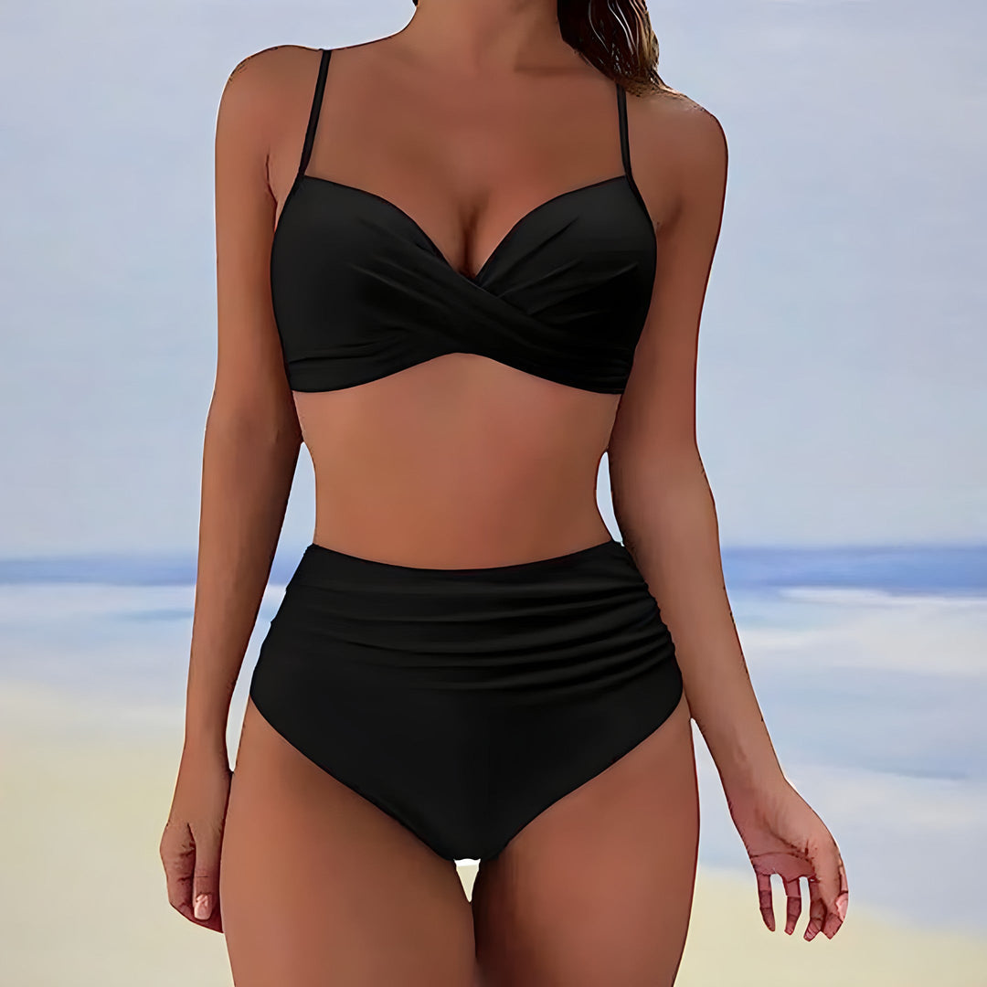 Close-up of the stylish twist front detail on this supportive women's two-piece bikini top, ideal for beachwear.
