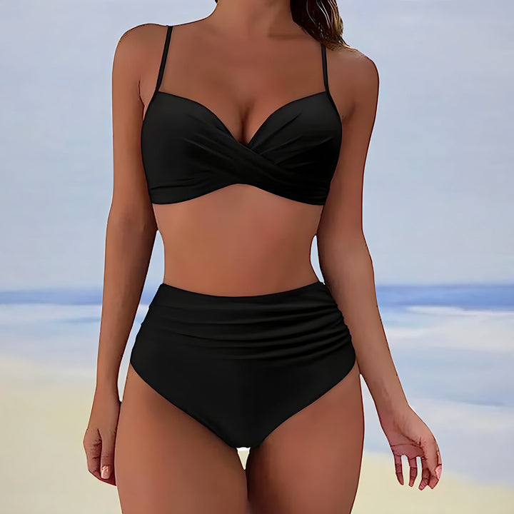 Close-up of the stylish twist front detail on this supportive women's two-piece bikini top, ideal for beachwear.