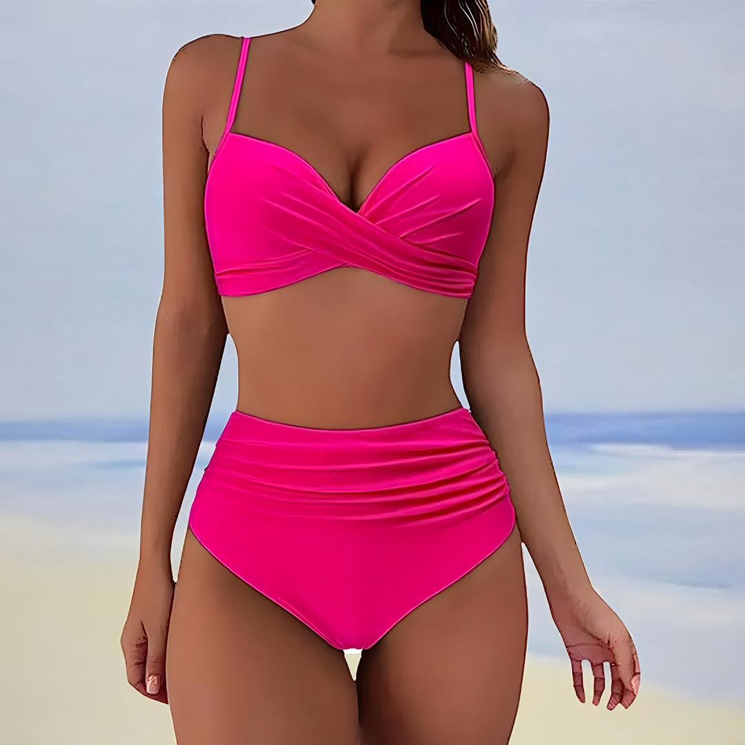 Chic women's two-piece bikini featuring a high-waisted design and supportive twist front, ideal for beachwear.