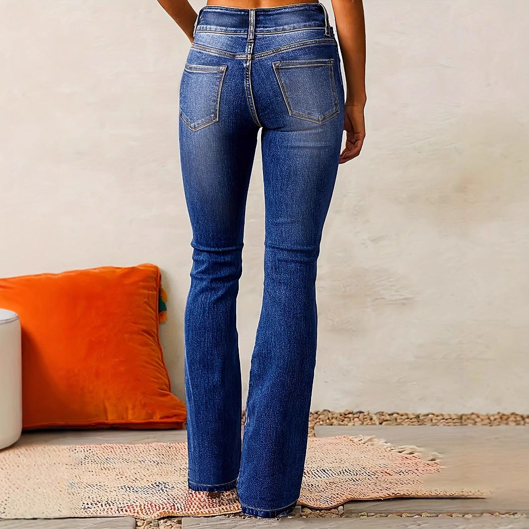 Women's high-waisted bootcut jeans in classic blue denim.