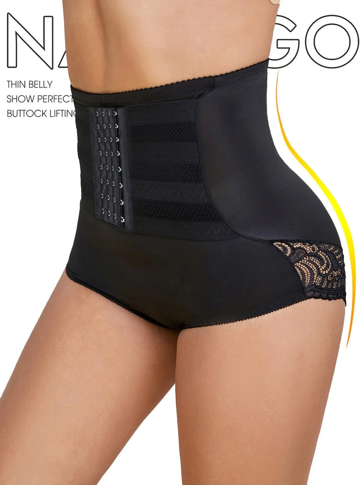 Women's high-waisted compression lace shapewear briefs for firm tummy control and a seamless look.