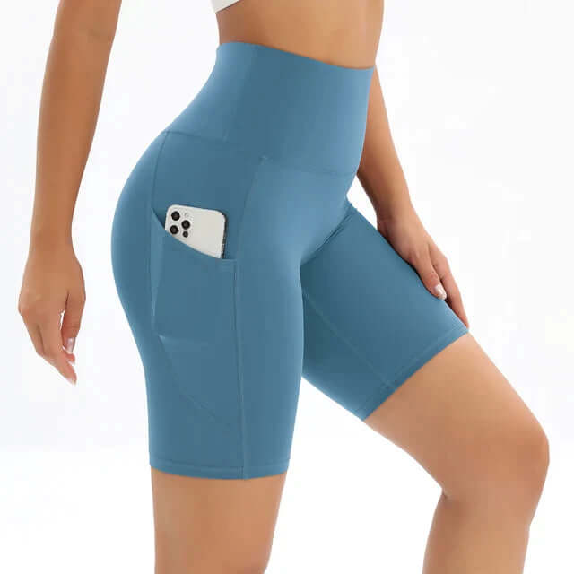 Comfortable women's high-waisted running shorts with a practical pocket for gym, yoga, & fitness.