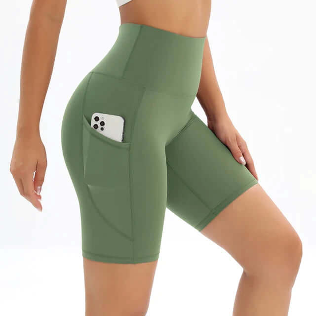 Black high-waisted women's fitness shorts with a side pocket, perfect for yoga & running.