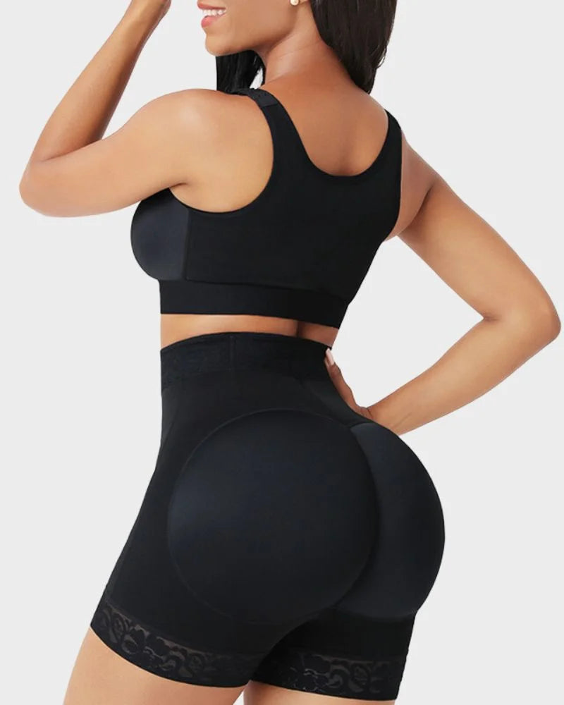Close-up of high-waisted band on women's shapewear shorts, designed for tummy control, comfort, and smooth fit.