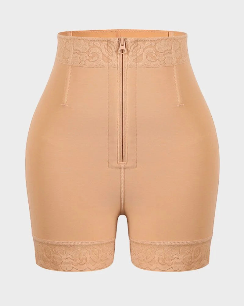 Elegant women's high-waisted shapewear shorts with delicate lace trim, offering comfort and tummy control.
