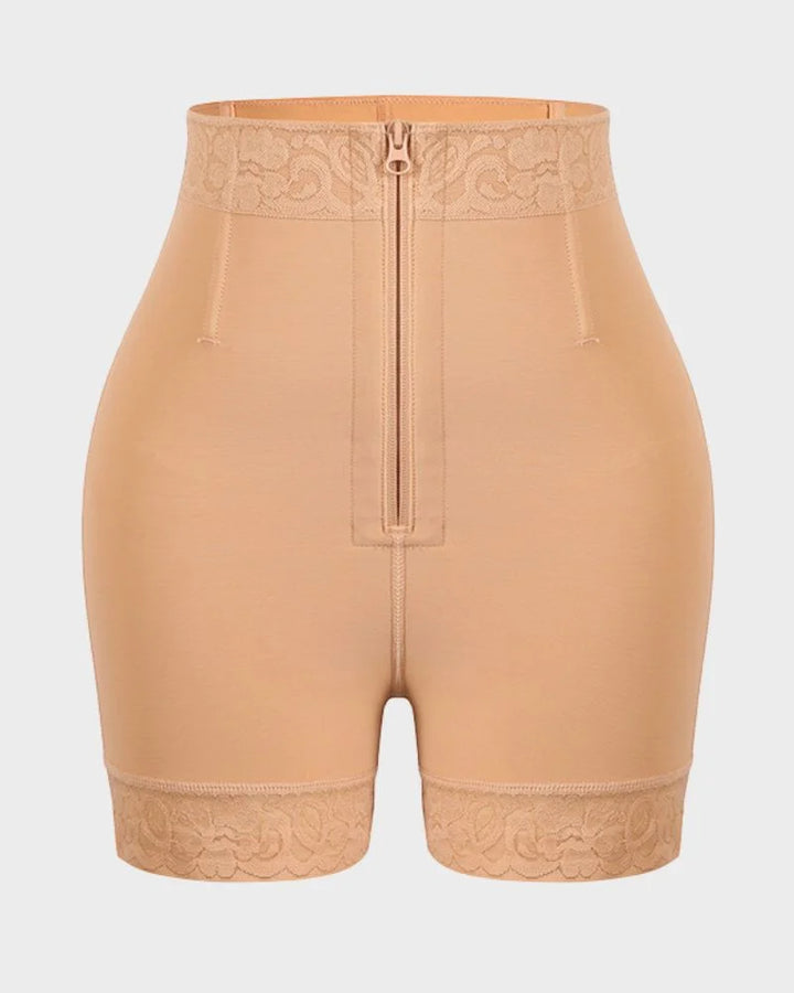 Elegant women's high-waisted shapewear shorts with delicate lace trim, offering comfort and tummy control.