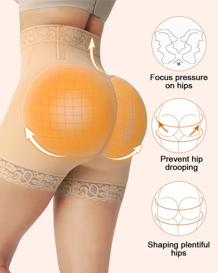 Side view of women's high-waisted shapewear shorts with lace trim, sculpting the waist and thighs.