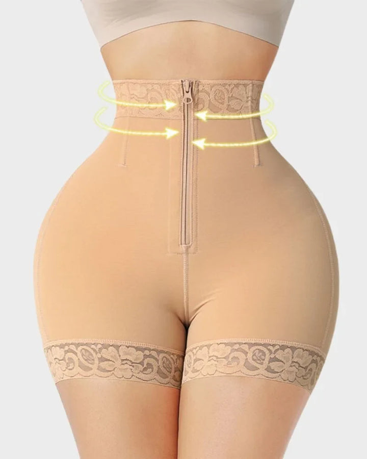 Back view of women's high-waisted body shaper shorts, smoothing hips and giving a sculpted finish.