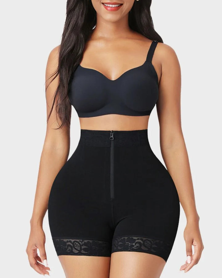 Women's intimate high-waisted shapewear shorts with lace, offering discreet tummy control under clothing.