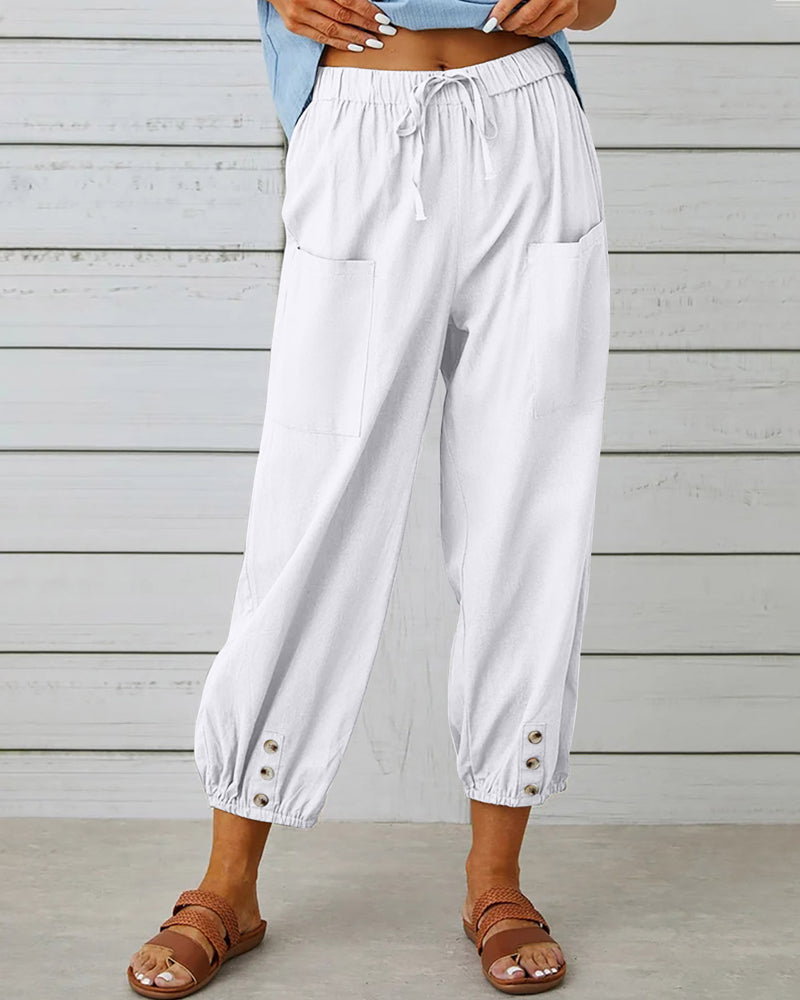 Close-up of the relaxed silhouette of women's loose fit casual pants